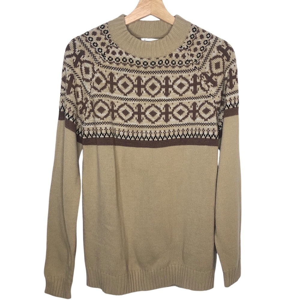 VINTAGE 80s Tan Brown Fair Isle Print Crewneck Sweater Cabincore Academia